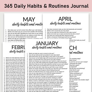 Pode incluir: Um diário imprimível com um design preto e branco. O diário é dividido em seções mensais com os meses de janeiro, fevereiro, abril, maio e março. Cada mês tem uma lista de prompts para hábitos e rotinas diárias.