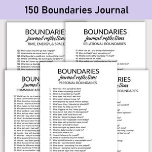 May include: A stack of white journals with the title "150 Boundaries Journal" at the top. Each journal page has a list of questions about boundaries, categorized by topic, such as "Time, Energy, & Space" and "Relational Boundaries."