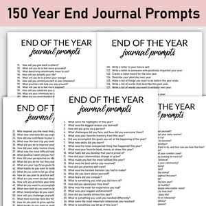 Puede incluir: Cuatro páginas imprimibles en blanco y negro con el texto "End of the Year Journal Prompts" y una lista de indicaciones para el diario para la reflexión y el establecimiento de objetivos.