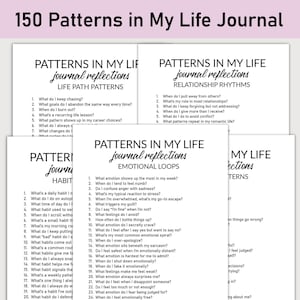 May include: A stack of white paper sheets with black text, titled "150 Patterns in My Life Journal." Each sheet features different journal prompts under headings like "Life Path Patterns" and "Emotional Loops."