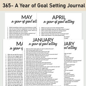 Puede incluir: Un diario con preguntas para establecer objetivos, titulado "365 - A Year of Goal Setting Journal". Se ven páginas con preguntas para cada mes, como "¿Qué objetivo has estado retrasando?" y "¿Cuáles son tus tres objetivos principales?"