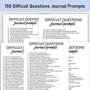 Puede incluir: Una hoja de trabajo imprimible en blanco y negro con 150 preguntas difíciles para indicaciones de diario. Las preguntas están diseñadas para ayudarte a reflexionar sobre tus pensamientos, sentimientos y comportamientos.