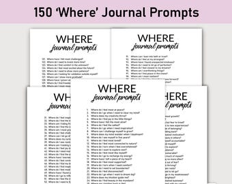 May include: A stack of white paper sheets with the title "150 'Where' Journal Prompts" in black. Each sheet lists journal prompts, such as "Where do I feel most at peace?" and "Where do I find joy?"