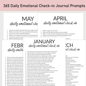 May include: Black and white printable journal prompts for daily emotional check-ins. The prompts are organized by month, with each month having a different set of questions. The months shown are January, February, March, April, and May.