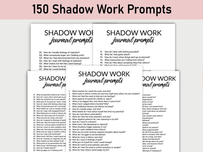 May include: A black and white image of four pages with the text "Shadow Work Journal Prompts" and a list of prompts for self-reflection.