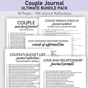 May include: A bundle of couple's journals with prompts for reflection and connection. The journals include prompts for love stories, weekly check-ins, bucket lists, and relationship prompts. The cover text reads "Couple Journal Ultimate Bundle Pack".