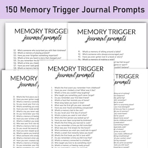 May include: A set of four printable journal pages with the title "Memory Trigger Journal Prompts". Each page features a list of prompts designed to help users recall memories and write in their journals.