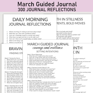 Puede incluir: Un diario imprimible con un dise&ntilde;o en blanco y negro. El diario se titula "Diario guiado de marzo: Coraje y resiliencia" e incluye indicaciones para la reflexi&oacute;n diaria y el establecimiento de intenciones. El diario est&aacute; dise&ntilde;ado para ayudar a las personas a encontrar fuerza y superar los desaf&iacute;os.