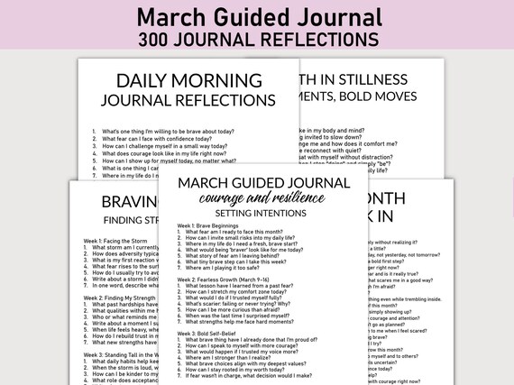 300 March Guided Journal, March Journal Bundle, Printable Journal Pages, Courage, Resilience, Braving the Storm, Monthly Journal Bundle