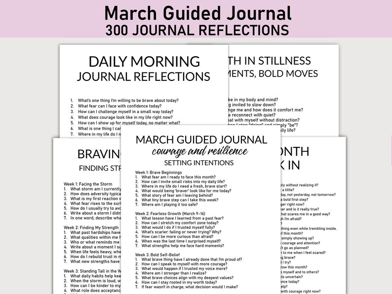 Puede incluir: Un diario imprimible con un dise&ntilde;o en blanco y negro. El diario se titula "Diario guiado de marzo: Coraje y resiliencia" e incluye indicaciones para la reflexi&oacute;n diaria y el establecimiento de intenciones. El diario est&aacute; dise&ntilde;ado para ayudar a las personas a encontrar fuerza y superar los desaf&iacute;os.