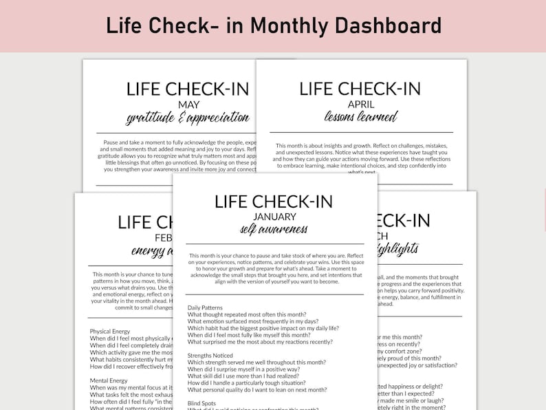 Life Check In Life Check-in Monthly Dashboard, Printable, Journal, Themed Reflections ...
