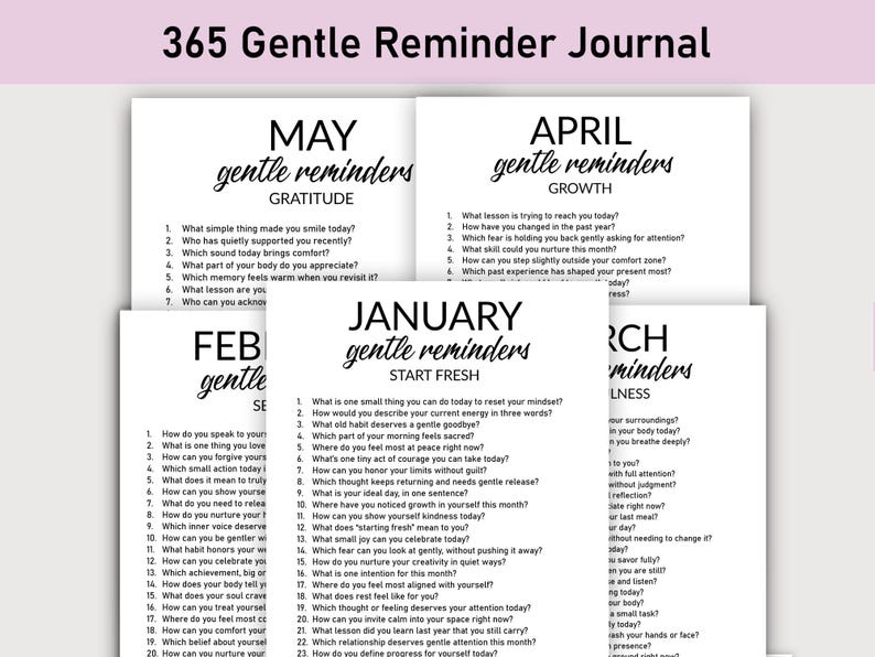 May include: A journal with prompts for daily reflection. The pages are organized by month, with headings like "May Gentle Reminders" and "January Start Fresh." Each page features a list of questions designed to encourage self-reflection and gratitude.