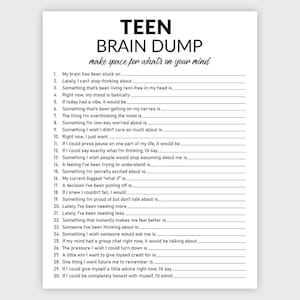 Puede incluir: Una hoja de papel blanca titulada TEEN BRAIN DUMP con el subtítulo make space for what's on your mind. El documento presenta una lista numerada del 1 al 30, cada una con una consigna específica seguida de una línea en blanco para escribir.