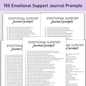 May include: A set of four printable pages with black text on a white background. Each page has the title "Emotional Support Journal Prompts" and lists a series of prompts for self-reflection and emotional well-being.