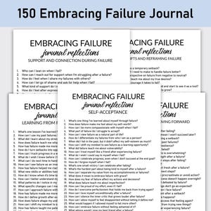 May include: A stack of white journals titled "150 Embracing Failure Journal." Each journal features prompts for self-reflection, including sections on support, learning, and reframing failure. The journals are designed to encourage personal growth.