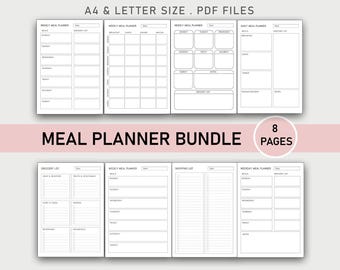 Könnte beinhalten: Eine Sammlung von acht druckbaren Essensplaner-Seiten im PDF-Format. Die Seiten enthalten wöchentliche, tägliche und Einkaufslisten-Vorlagen. Der Text "A4 & Letter Size. PDF Files" und "Meal Planner Bundle" sind sichtbar.