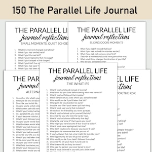 以下が含まれることがあります： 黒いテキストが書かれた白い紙のジャーナルのコレクション。各ジャーナルには、「The Parallel Life Journal」や自己反省のための質問など、さまざまなタイトルが付けられています。ジャーナルは、個人の成長と代替のライフパスの探求のために設計されています。