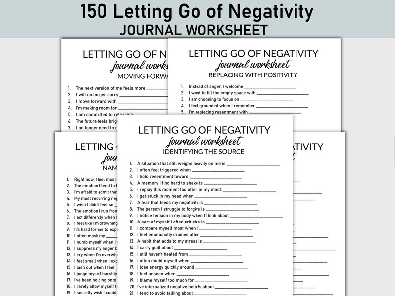 May include: A stack of white journal worksheets with the title "150 Letting Go of Negativity" in black text. The worksheets have prompts for self-reflection, including identifying sources of negativity and replacing it with positivity.
