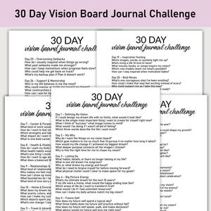 May include: A stack of white paper pages with the text "30 Day Vision Board Journal Challenge" in a handwritten font. Each page contains prompts for self-reflection, such as "Defining My Vision" and "Inspiration Hunting."