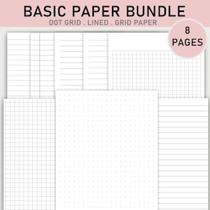 May include: A white paper bundle with dot grid, lined, and grid paper. The text "BASIC PAPER BUNDLE" is at the top, with "DOT GRID . LINED . GRID PAPER" below it. A pink circle indicates "8 PAGES".