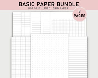 May include: A white paper bundle with dot grid, lined, and grid paper. The text "BASIC PAPER BUNDLE" is at the top, with "DOT GRID . LINED . GRID PAPER" below it. A pink circle indicates "8 PAGES".