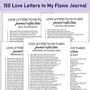 Könnte beinhalten: Ein Stapel weißer Journale mit schwarzem Text mit dem Titel "150 Love Letters to My Flaws Journal". Jedes Journalcover zeigt den Titel und Unterüberschriften wie "Self-Acceptance" und "Honoring My Human-ness". Die Journale sind auf einer weißen Oberfläche gestapelt.