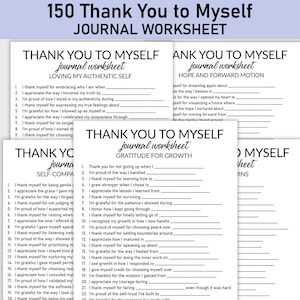 Może przedstawiać: Stos białych arkuszy dziennika z podpowiedziami do autorefleksji. Tekst "150 Thank You to Myself" znajduje się na górze, z podtytułami takimi jak "Loving My Authentic Self" i "Gratitude for Growth". Arkusze przeznaczone są do rozwoju osobistego.