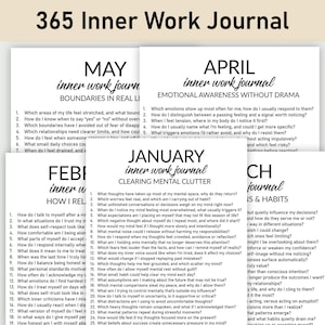 May include: A collection of inner work journals with prompts for self-reflection. The journals are labeled with months like May, April, and January, and include questions about boundaries, emotional awareness, and clearing mental clutter.