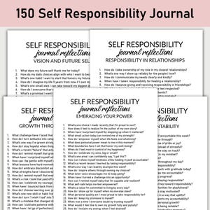 Könnte beinhalten: Ein Stapel weißer Papierseiten mit Journal-Eingabeaufforderungen zur Selbstreflexion. Der Text oben lautet "150 Self Responsibility Journal". Die Seiten sind in Abschnitte wie "Vision und Zukunft" und "Embracing Your Power" unterteilt.