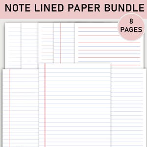 May include: A bundle of lined paper with the text "NOTE LINED PAPER BUNDLE" at the top. The paper has blue and red lines, with a pink circle indicating "8 PAGES". The paper is white with blue and red lines.