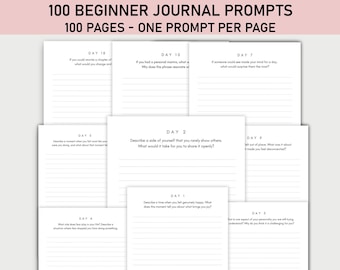May include: A set of journal prompts for beginners. The prompts are printed on white paper with black text. The pages are numbered with the day of the week. The prompts are designed to help people reflect on their lives and experiences.