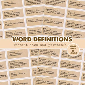 Positive Wörter druckbar, sofortiger Download, Kraft Label, Wörterbuch-Definitionen, Wort definieren, Bibliothek, Definition von Wörtern, inspirierende Wörter