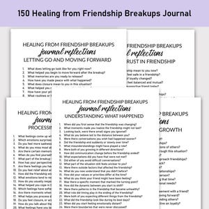 May include: A stack of white journals with the title "150 Healing from Friendship Breakups Journal" in a casual font. Each journal page has questions about processing emotions, understanding what happened, and moving forward after a friendship ends.