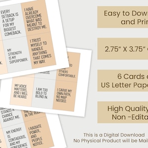 May include: Six printable affirmation cards with inspirational quotes on a peach background. The cards are 2.75 inches by 3.75 inches and are designed to fit on US letter size paper. The text on the cards includes quotes such as "My scars tell a story of survival and victory." and "I trust myself to handle anything that comes my way."