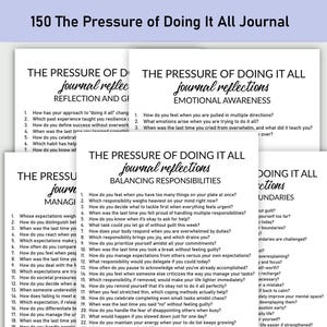 Könnte beinhalten: Ein Stapel weißer Journale mit Fragen zur Selbstreflexion. Die Journale tragen den Titel "The Pressure of Doing It All Journal" und behandeln Themen wie Reflexion, emotionales Bewusstsein und das Ausbalancieren von Verantwortlichkeiten. Das oberste Journal trägt die Aufschrift "150 The Pressure of Doing It All Journal".