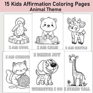 15 Affirmaties voor kinderen Kleurplaat Dierenbundel, Dieren Kleurplaat, Afdrukbaar, Affirmatiekaarten, Woorden van Affirmaties, Dankbaarheid, Dierentuin