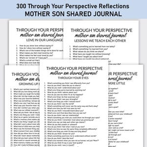 May include: A stack of white paper journals with black text. The journals are titled "Through Your Perspective Mother Son Shared Journal" and feature prompts for reflection. The journals are designed for mothers and sons.