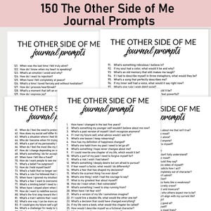 May include: A set of four black and white printable journal prompts with the title "The Other Side of Me Journal Prompts". The prompts are designed to help you explore your thoughts, feelings, and experiences.