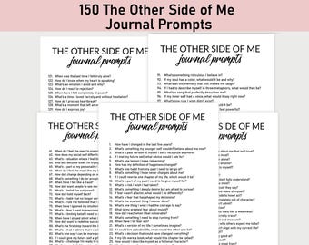 May include: A set of four black and white printable journal prompts with the title "The Other Side of Me Journal Prompts". The prompts are designed to help you explore your thoughts, feelings, and experiences.