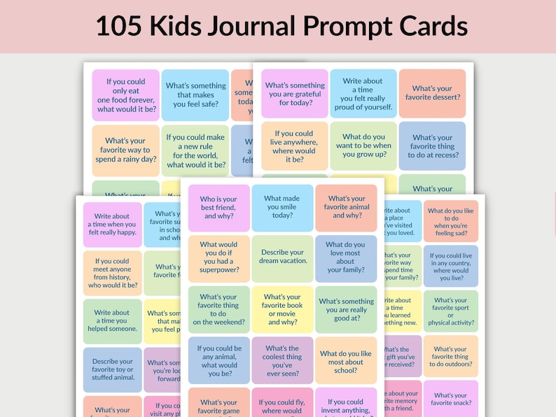 May include: A set of 105 colorful journal prompt cards with various questions for kids to write about. The cards are printed on white cardstock and feature a variety of colors and fonts.