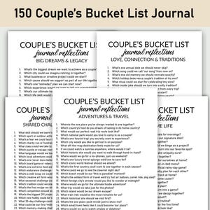 May include: A stack of white journals with the text "Couple's Bucket List" and various prompts for couples. The journals are designed to encourage shared experiences and reflections, with prompts for adventures, traditions, and shared challenges.