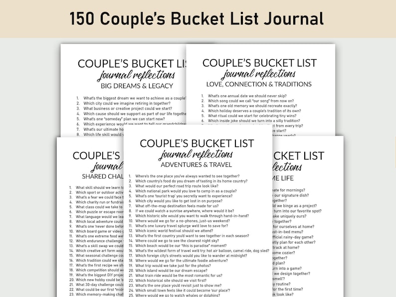 May include: A stack of white journals with the text "Couple's Bucket List" and various prompts for couples. The journals are designed to encourage shared experiences and reflections, with prompts for adventures, traditions, and shared challenges.