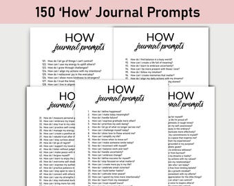 May include: Four black and white printable journal pages with the text "HOW journal prompts" at the top of each page. Each page contains a list of "How" questions for self-reflection and personal growth.