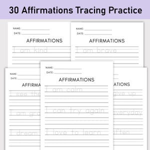 30 Kinder Affirmationen, Ablaufverfolgungsseiten-Bundle, Handschriftübungen, bedruckbar, positive Affirmation, Worte der Affirmationen, Dankbarkeit, Schule