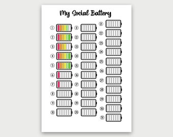 Social Battery Tracker, Instant Download Printable, Planner, Journal Page, Daily Planner, Battery, Introvert, Anti Social, Low Battery