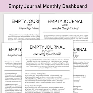 Puede incluir: Una pila de páginas de diario blancas con texto negro, titulada "Empty Journal Monthly Dashboard". Cada página presenta indicaciones para la reflexión, con títulos como "Tiny Things I Loved" y "Random Thoughts I Had". Las páginas están dispuestas en una composición en capas.