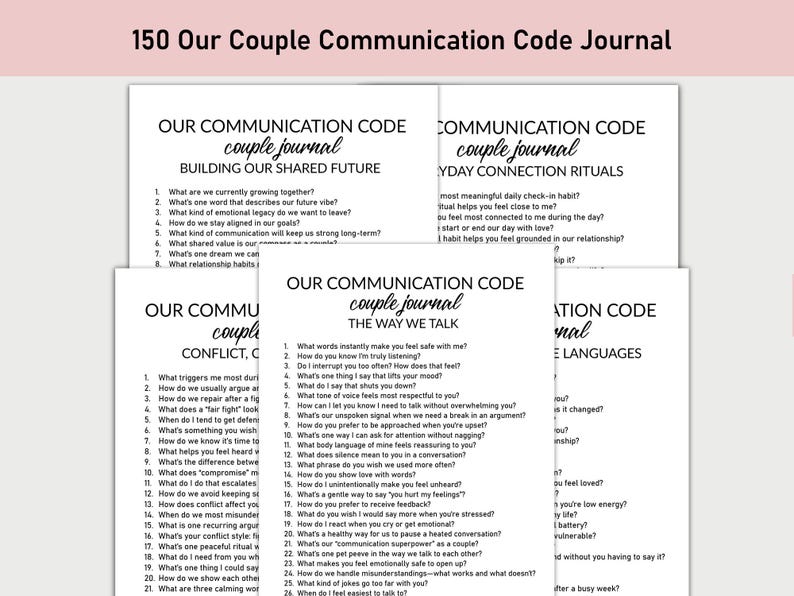 May include: A stack of white journals with the text "Our Communication Code couple journal" in black. The journals are designed for couples, with prompts for building shared futures, everyday connection rituals, and conflict resolution.