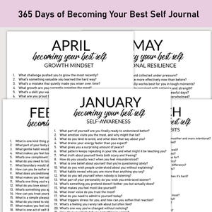 Op de afbeelding: Een stapel witte journaalpagina's met vragen voor zelfreflectie, getiteld "365 Days of Becoming Your Best Self Journal". De pagina's zijn gelabeld met maanden als april, mei en januari en bevatten vragen over groei, veerkracht en zelfbewustzijn.