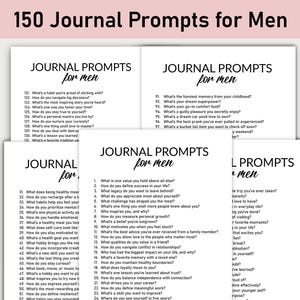 May include: A set of four black and white printable journal prompts for men. The prompts are organized into four sections: "Journal Prompts for Men", "Journal Prompts for Men", "Journal Prompts for Men", and "Journal Prompts for Men".