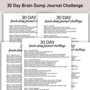 May include: A stack of white paper journals with prompts for a 30-day brain dump challenge. The journals have black text on the cover and inside pages. The top journal displays the title "30 Day Brain Dump Journal Challenge".